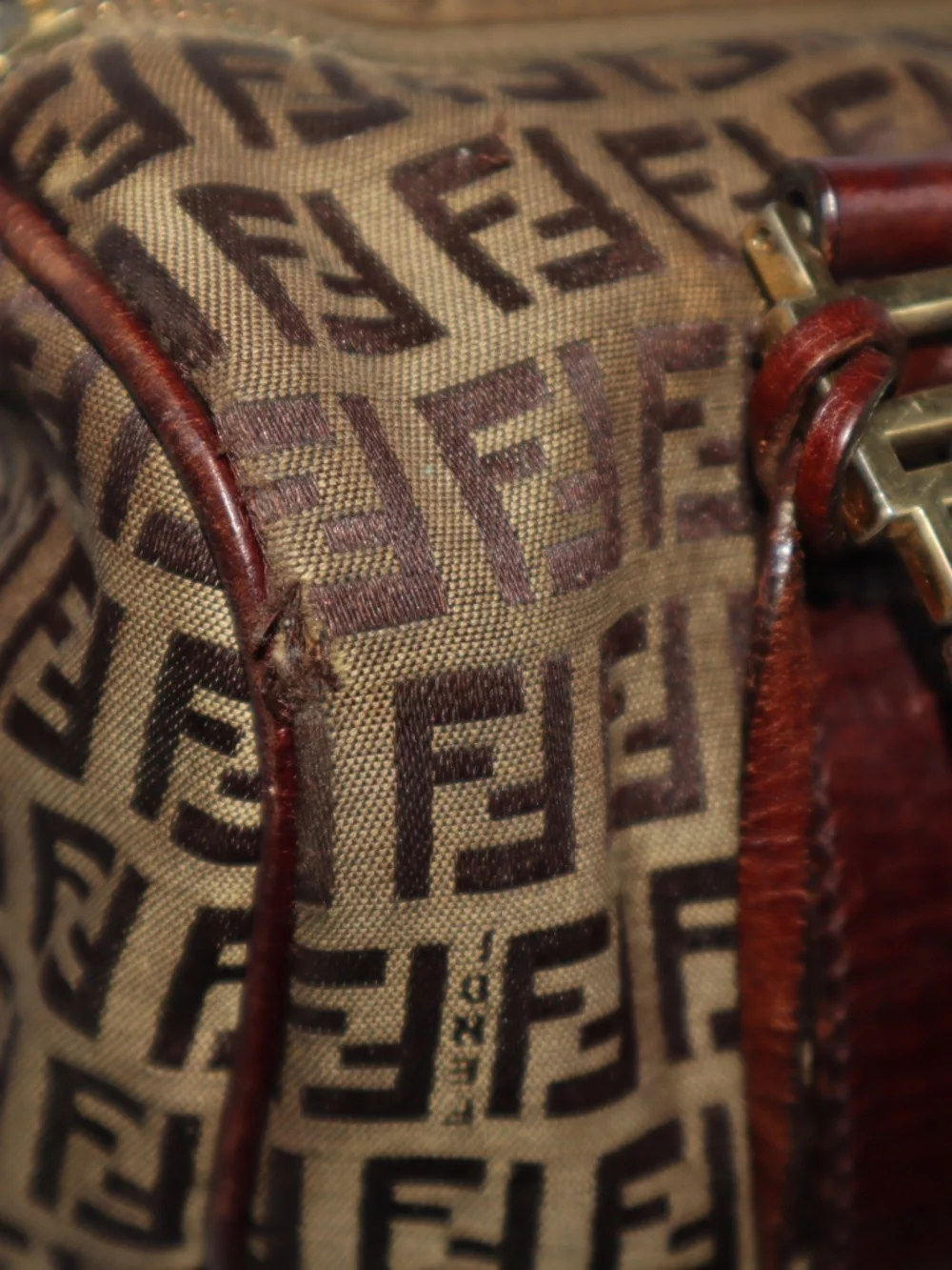Fendi Zucchino FF Bauletto Vintage Boston Bag Brown